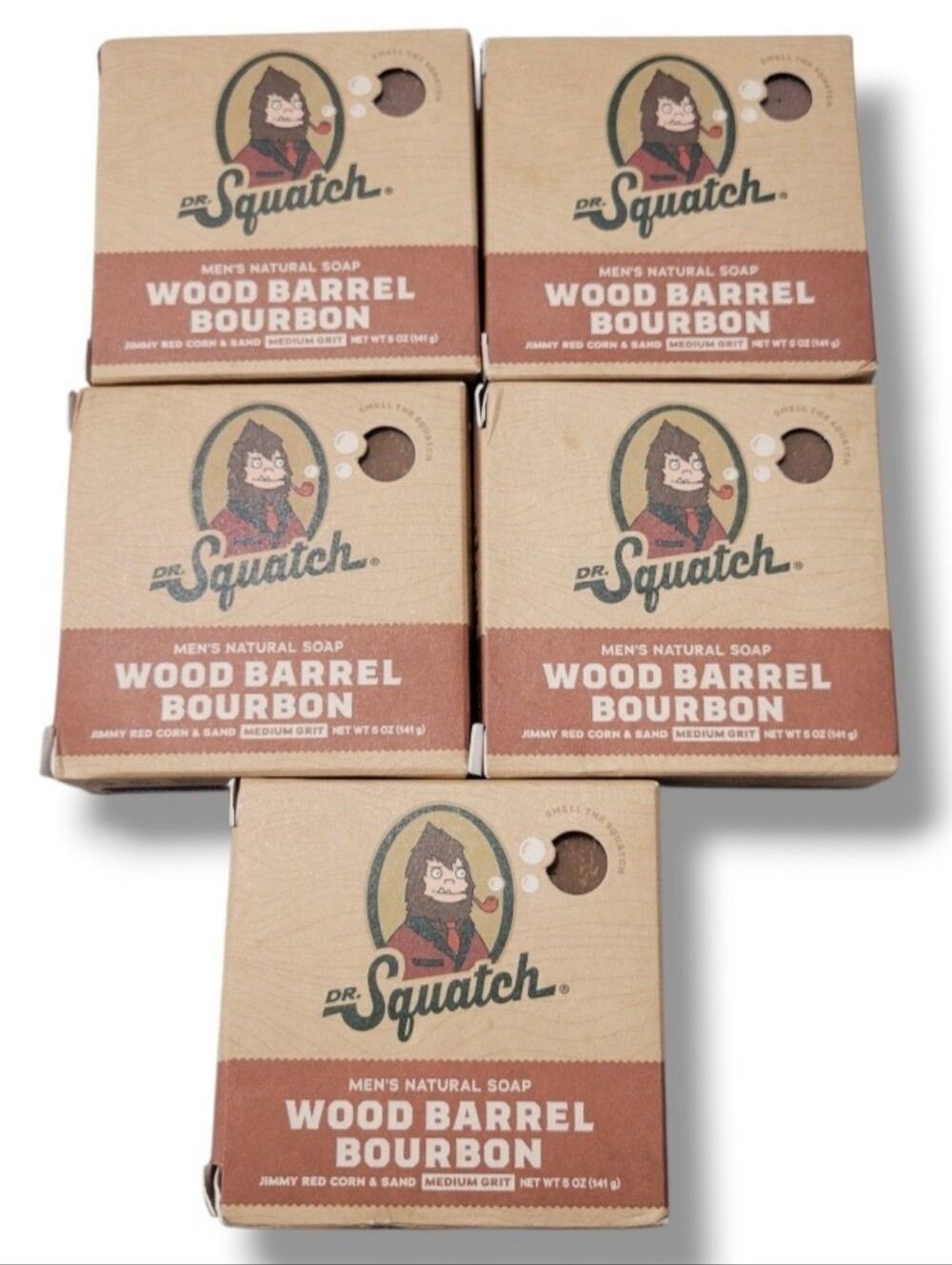 Lot Of 5 ​NEW Dr. Squatch Wood Barrel Bourbon Natural Soap Bar 5 oz Medium Grit